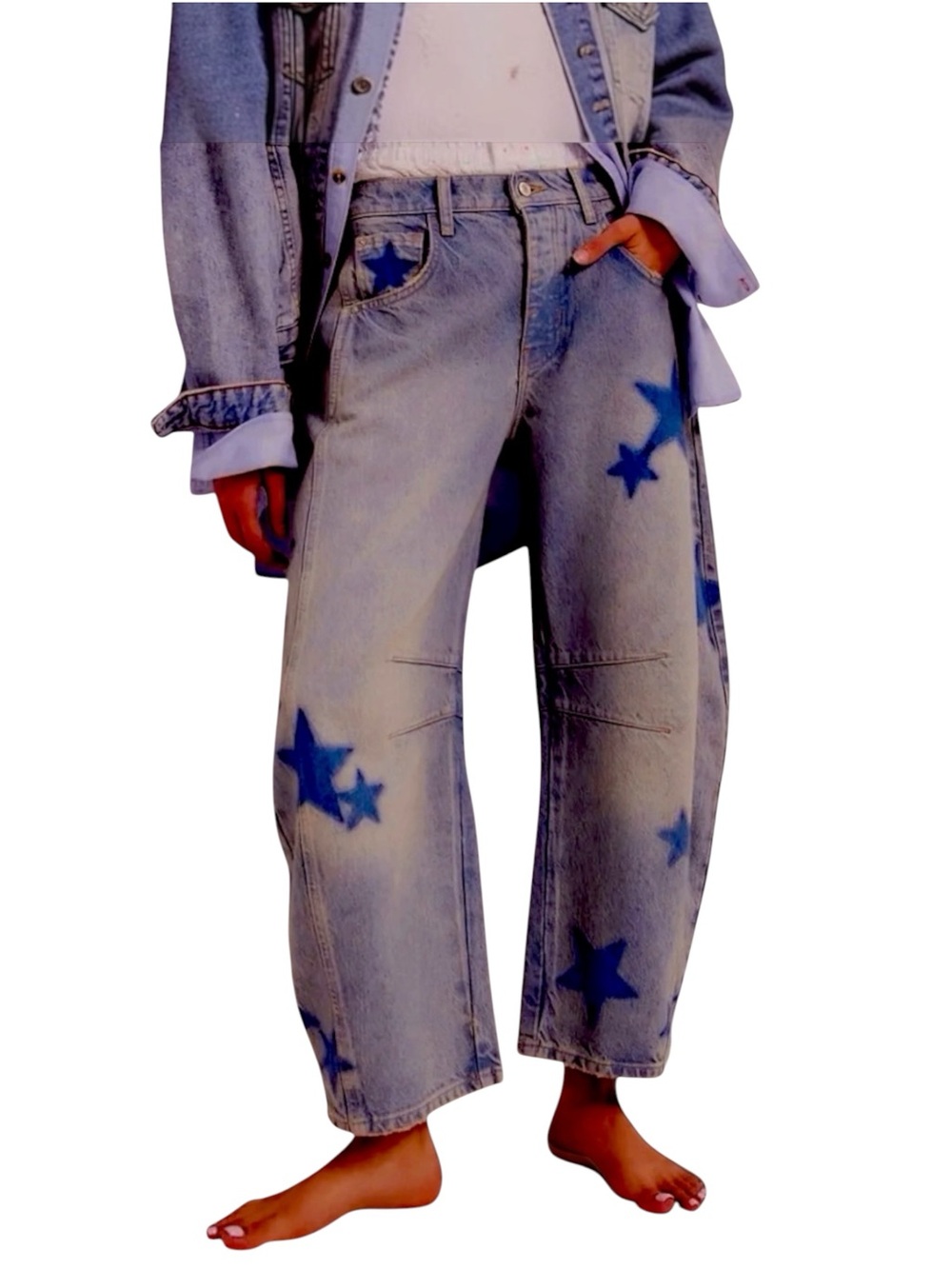 NEW Free People x WTF Good Luck Shadow Patch Barrel Jeans -Dark Wash w/ Stars ⭐️ - Picture 15 of 16